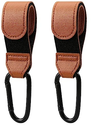 Jagowa Kinderwagen-Haken, braunes Leder, Buggy-Clips, Kinderwagen-Haken für Einkaufstaschen, Mama-Wickeltasche für Kinderwagen, 2 Stück