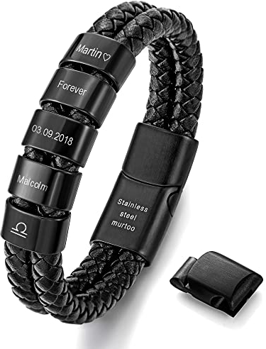 Murtoo Personalisiertes Leder-Armband für Herren - Schwarz, Mit Namen Graviert, Magnetverschluss aus Edelstahl, Geschenkidee (5 Ringe)