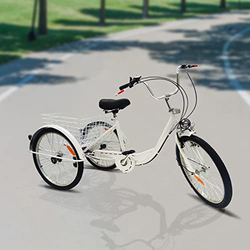 WDZCZDoo 24 Zoll Dreirad, 6 Gang 3 Räder Fahrrad Dreirad, Mit Einkaufskorb, Weiß Verstellbarer 3 Räder Fahrrad Bike