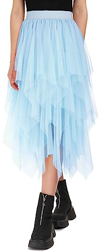 Tüllrock Damen Lang 80CM Elastische Tüll Rock Unregelmäßiges Netz Täglich, Abschlussball, Party(Taillenumfang: 60-78cm, Blau)