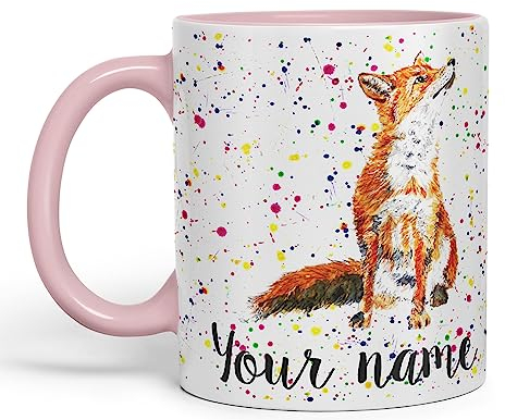 Vixar Personalised with Your Text Fox British Wildlife Animals Watercolour Art Coloured Ceramic Mug Cup Gift 330ml 11oz Custom Work Office Tea Coffee (Pink)