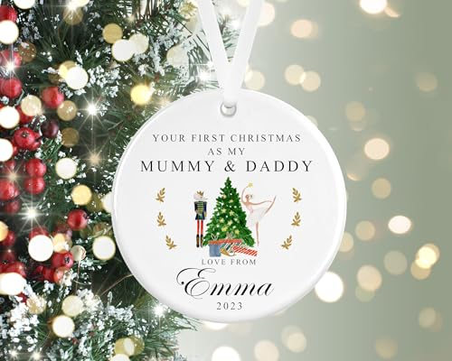 First Christmas as my Mummy & Daddy Bauble | Nutcracker Baby Ceramic Tree Decoration | Personalised Baby First Christmas Custom Ornament (White Ribbon)