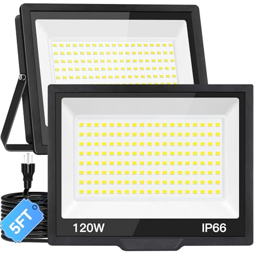 120W LED Flood Light Outdoor with Plug, 14400Lm Super Brighter Security Lights with 5ft Wire, IP66 Waterproof LED Work Light, 5000K Daylight White Exterior Floodlights for Yard Garage Stadium(2 Pack)