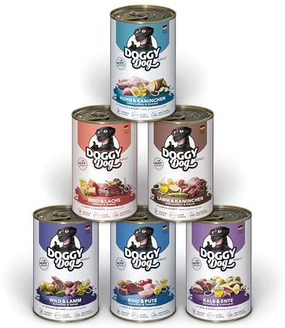 DOGGY Dog Paté Mix 1, 6 x 400 g, Nassfutter für Hunde im Probierpaket, getreidefreies Hundefutter mit Lachsöl und Grünlippmuschel, Alleinfuttermittel mit hohem Fleischanteil, Made in Germany