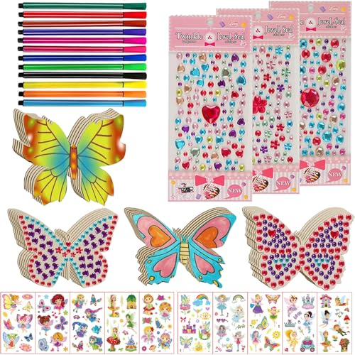 392Pcs Bastelsets für Kinder, Schmetterlinge Deko, Holz Bastelset mit 354 Strasssteine, 24 Schmetterling Holz, 12 Aquarellstift, 2Aufkleber, Basteln Kindergeburtstag für Mädchen/Jungen von 4-12 Jahren
