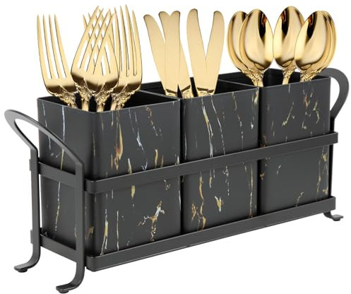 NelyBet Kitchen Utensil holder for Countertop , Silverware Caddy ,Golden Marble Black Flatware Holder Utensil Cutlery Organizer for Party Gatherings, Metal and Durable Design