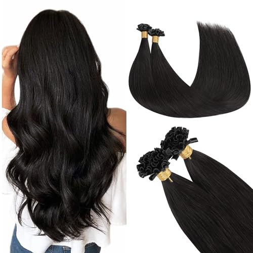 GOO GOO Bonding Extensions Echthaar, 40cm 50g 50 Strähnen, U Tip Hot Fusion Keratin Haarverlängerung, 1B Schwarz