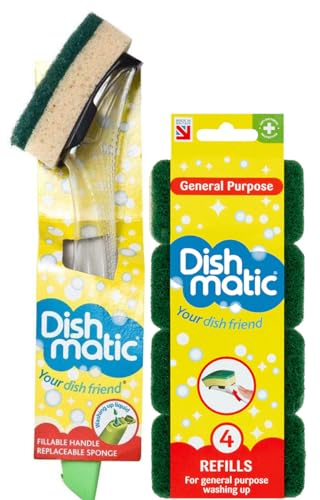 Fillable Washing up Brush and Sponge Bundle- Easy Grip Dish Cleaner - with 4X General Purpose Brush Sponge Refills