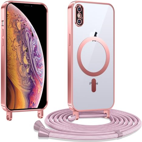 Kokio Coque pour iPhone X/XS avec Cordon, Etui à Transparente Housse Compatible avec MagSafe, Antichoc Protection Coque pour Magnétique avec Réglable Collier, Rose
