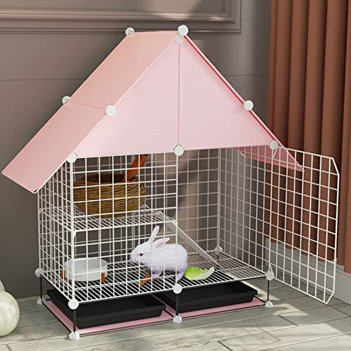 Kleintierkäfig – Kaninchenkäfig, Haustier-Meerschweinchenkäfige, Hasenkäfig mit herausnehmbaren ausziehbaren Tabletts, wasserdichtes Dachzubehör, 2 Etagen für kleine Haustiere, Hasen, Hamster (Rosa)