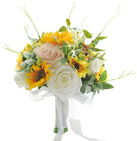 Sonnenblumen und Elfenbeinfarbene Rosen-Brautsträuße mit Blättern und Schleierkraut, Künstliche Hochzeitsblumensträuße mit Spitzenschleife, Kleine Brautsträuße aus Weißen Seidenrosen,(Gelb)