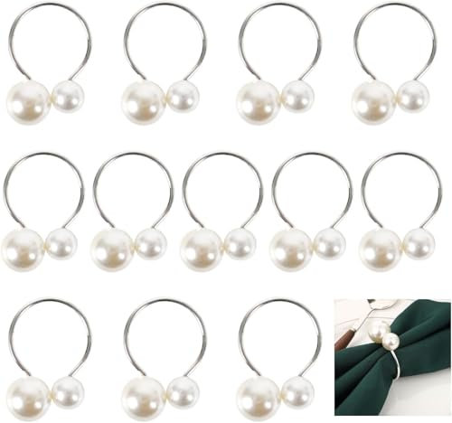 Minnhua 12 Stück Serviettenringe Perlen Serviettenhalter Vintage Metall Serviettenringe U förmige Serviettenringe mit Perlen für Hochzeit Party Weihnachten Geburtstag Silber