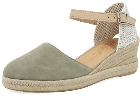 JOMIX Sandali Espadrillas Donna con Zeppa Scarpe Estive Punta Chiusa in Vera Pelle Cinturino Regolabile Eleganti e Comode ES2506 Verde Khaki 37