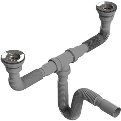 UZMAN Ø70 Doppelsiphon Doppelspülbecken Raumsparsiphon Siphon Spültisch Flexibel Anwendbar, mit Flexibler Schlauch, Doppel Anschluss, Abflussdurchmesser Ø 40 mm
