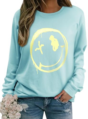 WIEIYM Damen Sweatshirt Langarmshirt Drucken Rundhals Pullover Herbst Winter Bluse Tops Weihnacht Pullover Casual Christmas Sweat Oberteile,Celeste,XXL
