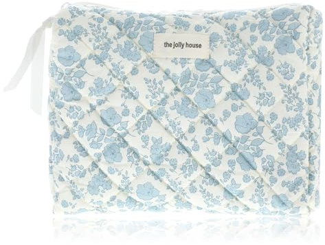 Nogeqi Quilted Schminktasche Damen, Gesteppte Kosmetiktasche Mädchen, Cosmetic Bag, Kleine Kosmetikbeutel Blumen, Reise Kulturtasche mit Blaues Blumenmuster Mädchen Groß