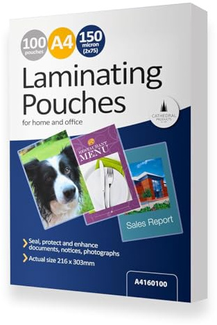 100 x A4 150 Micron Laminating Pouches with Crystal Clear Gloss Finish - Laminator Pouch Set for Home, Office, Business - Protect Important Documents, Posters, Images, Projects