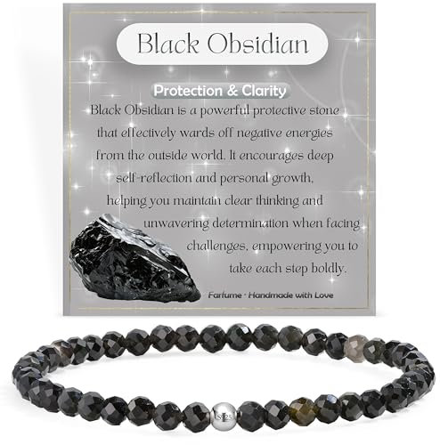 Schwarzer Obsidian - Schutz & Klarheit - Edelstein Perlen Armband für Frauen, 4mm Kristall Silber 925 Naturstein Schmuck Elastisch Armbänder Damen, Chakra Spirituelle Charms Armbänder Geschenke