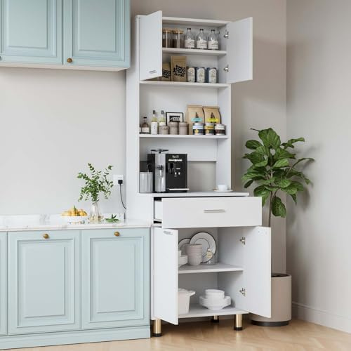 Warmiehomy Kitchen Cupboard Storage Cabinet with Doors, 60x40x180cm,White | Freestanding Pantry Cupboard, 2 Drawers, Open Counter, Modern Kitchen Cabinet Cupboard Sideboard for Living Room, Dining Room
