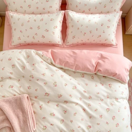 Covebett Bettwäsche 135x200 2 Teilig Mädchen Rosa Weiß Blumen Blümchen | 1 Bettbezug und 1 Kissenbezug 80x80 cm, Blumenmuster, Pflanzen, Aesthetic, Mikrofaser, Wendebettwäsche Set, Reißverschluss