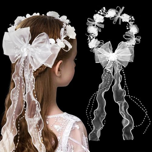 HOWAF Haarschmuck Kommunion Mädchen, Blume Haarschmuck Blumenmädchen Kopfschmuck Kommunion mit Weiß Blüten Perlen Organza Bänder für Erstkommunion Hochzeit Blumenmädchen, C