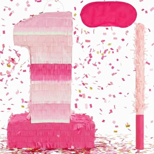 Birchio Rosa Zahlen-Piñata-Set mit Augenbinde und Fledermaus (41 x 27 x 10 cm), Piñata mit der Zahl 1, perfekt für Geburtstagsfeiern, Mädchenpartys und als Dekoration