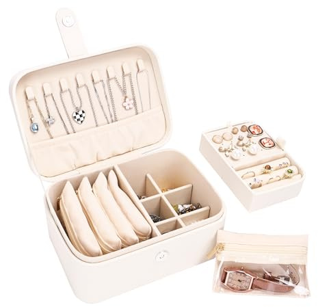 Boxudeli 2 Layer Jewellery Box with 4 Velvet Jewellery Pouches, Large Travel Jewellery Organiser, Medium Size Jewellery Storage Box Case, Portable PU Leather Jewellery Box for Women (Beige)