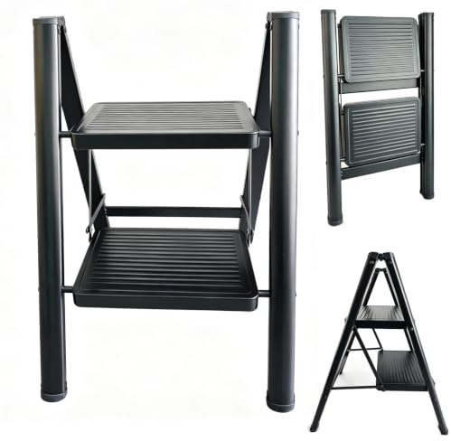 Abhpjuy Trittleiter Leiter 2 Stufen klappbar, Tragbare Klappleiter 150kg Kapazität mit rutschfestem breitem Pedal, Klapptritt für Haushalt, Küche, Büro, Garage