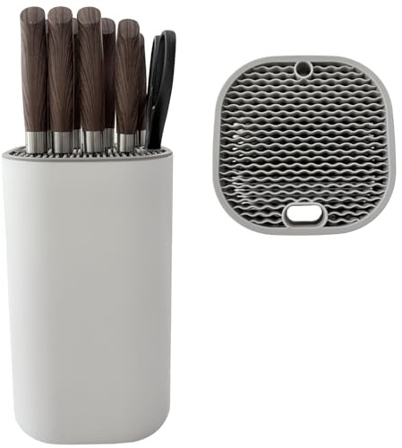Knife holder Universal Knife Block without Knives Square Shape White Kitchen Knife Storage Can Hold Up to 21 Knives(Not include) With Scissors & Sharpening Rod Slots Space Saving Empty Knife Stand