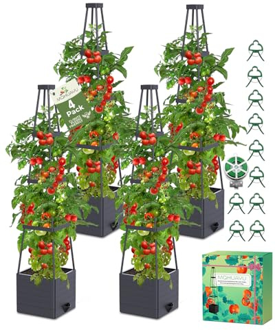 MQHUAYU Pflanzkasten mit Spalier, selbstbewässernder Tomatenkäfig, Pflanzgefäße für Kletterpflanzen, Gemüse, Ranken, Blumen, Außen- und Innenbereich, 4 Stück (144,8 x 24,8 x 24,8 cm)