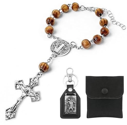 Rosenkranz Auto Innenraum, Holzperlen Gebetskette mit Rosenkranz & Kreuz | mit Christopherus-Motiv Schlüsselanhänger & Samtbeutel, als Rückspiegel Anhänger & Armband, Geschenk für Männer Frauen