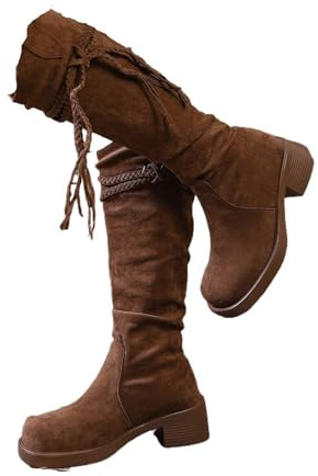 AMEEDA Stivali Texani Donna Stivali invernali da donna a metà polpaccio con tacco grosso - Cavaliere vintage frange in vera pelle scamosciata e accenti in corda di iuta(Brown,35)