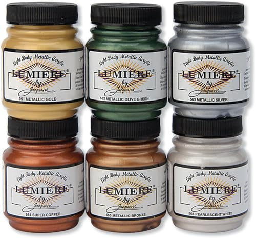 Jacquard Lumiere 6 Pack - Metallic Paint for Fabric Paper Wood Ceramic & Metal - Light-bodied Metallic Acrylic Paint - Lightfast & Vibrant Metallic Acrylic Paints - 2.25oz Bottles