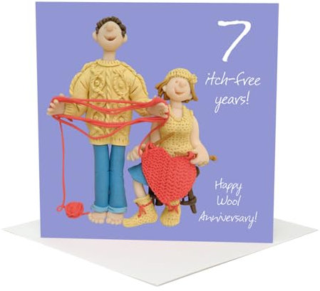 Holy Mackerel seven itch-free years wool 7th wedding anniversary card for a couple - designed by artist Erica Sturla - 15cm square and blank inside for your message - made in the UK