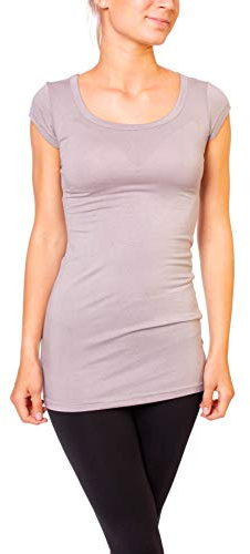 Easy Young Fashion - Damen Basic T-Shirt - langes Kurzarm Longshirt - Rundhals Longsleeve - Unterziehhemd Skinny Fit 1002 - Taupe S