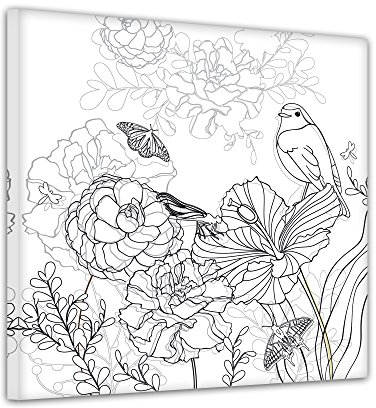 Blumen Vogel Schmetterlinge - Ausmalbild auf Leinwand, aufgespannt auf Rahmen - Quadrat-Format - 40x40 cm