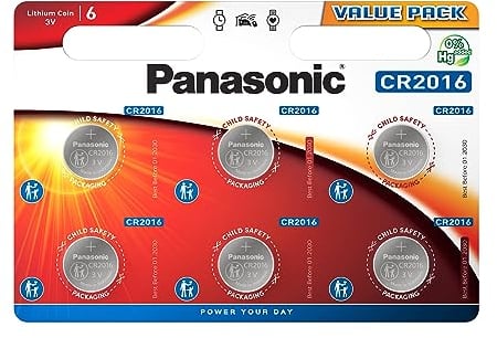 Panasonic CR2016 Pila botón de litio no-recargable, 3V, 90 mAh, Paquete de 6 unidades
