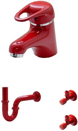 Waschtischarmatur, Siphon und 2 Eckventile in Rot