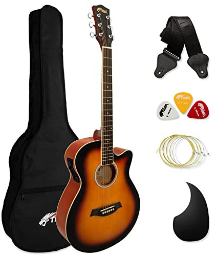 TIGER ACG4-SB Full Size Electro Acoustic Guitar for Beginners with Built-in 3-Band EQ - Package includes Gig-bag, Strap and Spare Strings - Sunburst - Now with Six Months FREE lessons