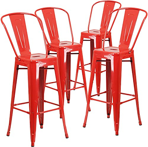 Flash Furniture Lily Commercial Grade Sgabelli da Bar per Interni ed Esterni in Metallo Rosso Alto 30 con Schienale Rimovibile, Confezione da 4