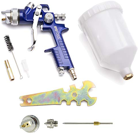 IPOTOOLS Pistola per Verniciare A Spruzzo HVLP H-827P - Pistola a spruzzo, Pistole a spruzzo per verniciare con Tazza in plastica da 600 ml e ugello in Acciaio Inox 1,4 mm + Set di ugello 2,0 mm