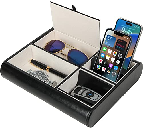 J JACKCUBE DESIGN Jack Cube Valet Tray Leather, Desk or Dresser Organizer, Catch-all For Keys, Phone, Wallet, Coin, Jewelry, and More (26.26 x 5.5 x 20.8 cm) - MK158 Black