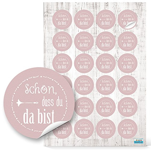 Logbuch-Verlag 24 runde Schön dass Du da bist Spruch Text Aufkleber rosa weiß Gäste Geschenk 4 cm Verzierung