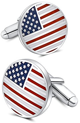 Mr.Van Patriotic Cufflinks - 16mm Enamel American Flag Design on Rhodium-Plated Brass (Velvet Gift Pouch Included)