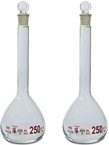 250ml Volumetric Flask, 3.3 Boro Glass, Class A, Ground Stopper, Karter Scientific 213W6 (Pack of 2)