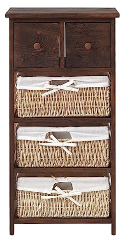Rebecca Mobili Schrank im rustikalen Stil, Badezimmerschrank mit 2 Schubladen und 3 Weidenkörben, Holz, Braun, im Country-Stil, Badezimmer Eingang – Maße: 80 x 40 x 27 cm (HxLxB) – Art. RE4059