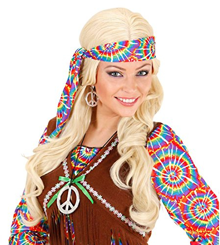 NET TOYS Peace Schmuck Set Hippie Kette und Ohrringe Silber, 60er/70er Jahre Halskette und Creolen, Friedenssymbol Woodstock Anhängerkette Flower Power Kostüm Accessoires