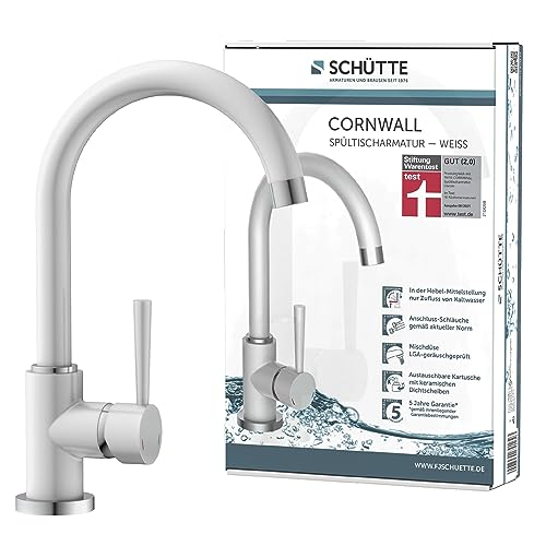 SCHÜTTE CORNWALL 79136 - Rubinetto da cucina con funzione di risparmio energetico, girevole a 360°, ideale anche per lavelli doppii, colore: Bianco