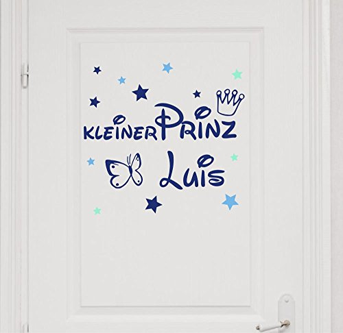 Türaufkleber mit Namen~Kleiner Prinz mit Schmetterling ~ 73008-tricolore-blau, mit bunten Sternen fürs Jungenzimmer, Kinderzimmer Jungen, Wandaufkleber Wandtatoos Sticker Aufkleber für die Wand