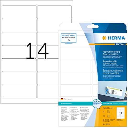 HERMA 10016 Universal Etiketten ablösbar, 800 Blatt, 99,1 x 38,1 mm, 14 pro A4 Bogen, 11200 Stück, selbstklebend, bedruckbar, matt, blanko Papier Klebeetiketten Aufkleber, weiß